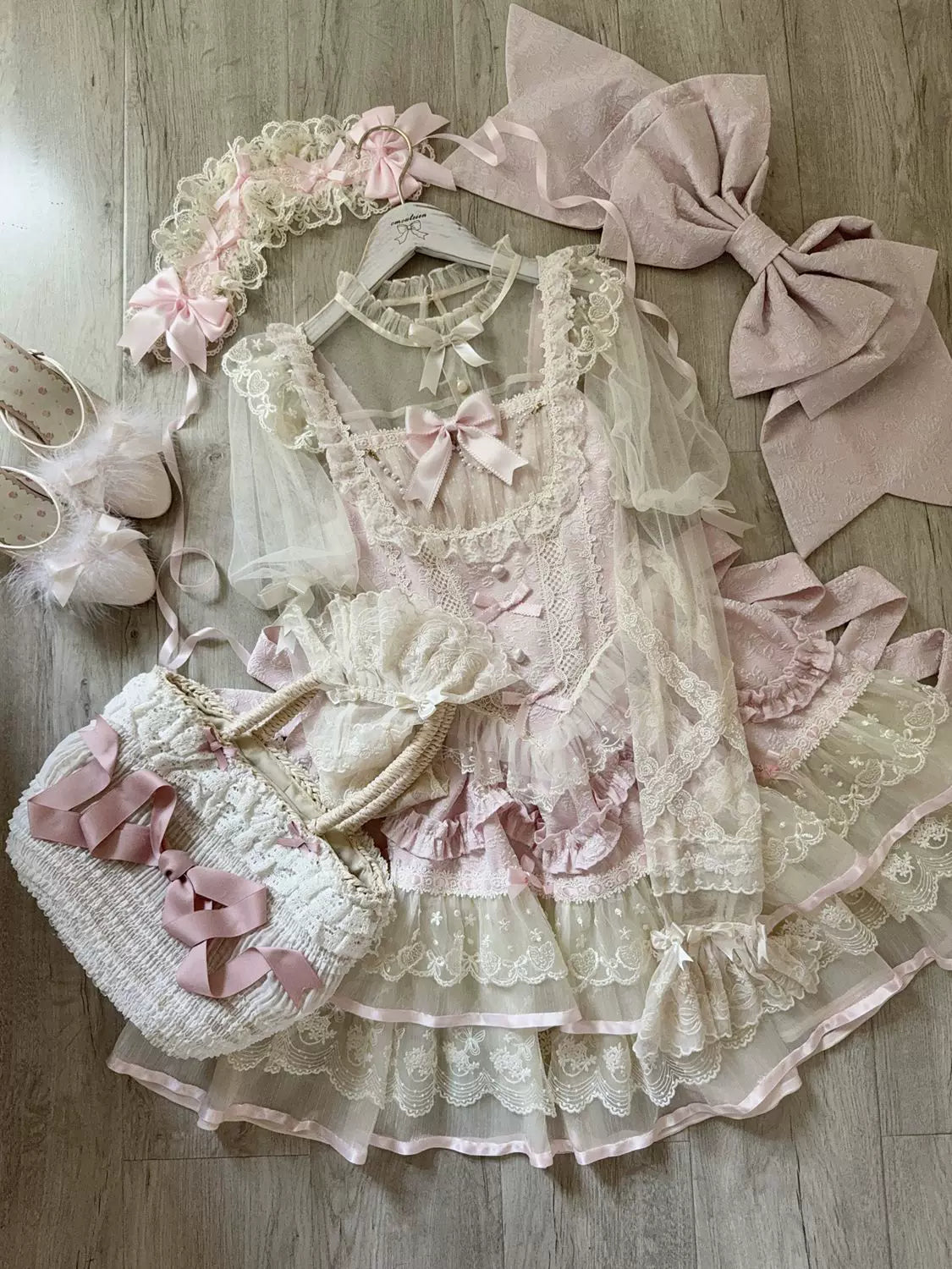 Ballet Dream - Sweet Lolita JSK Dress, Petal-like Layered Skirt Pink - JSK + Back Trailing Bow S