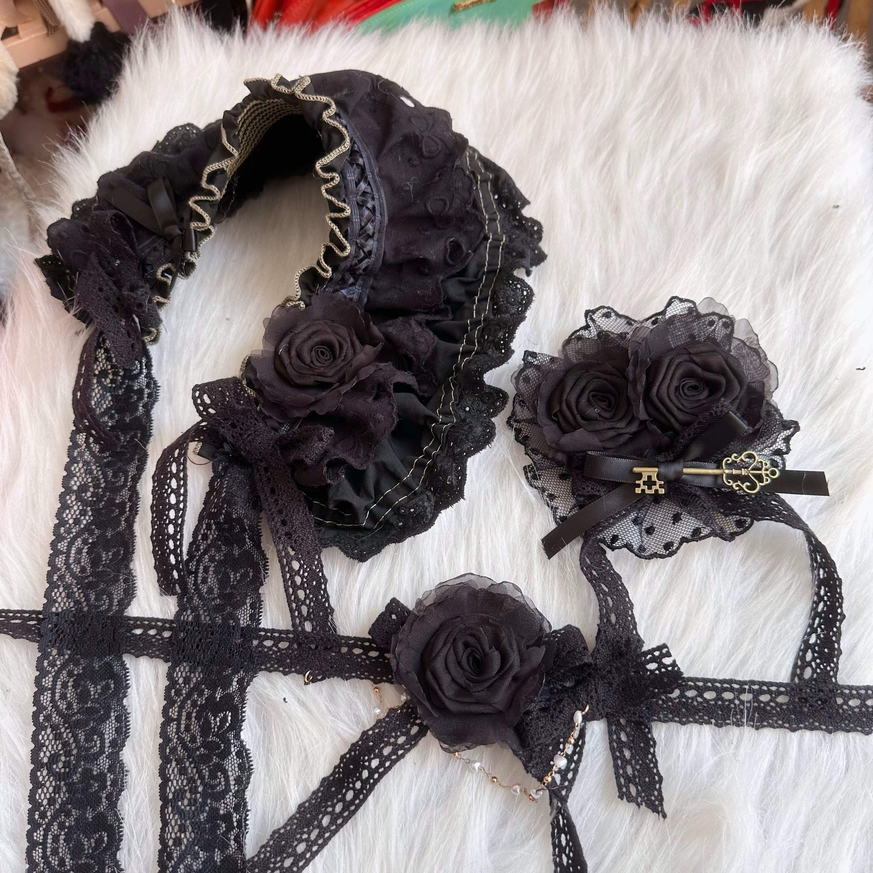 Chestnut Lolita~Elegant Lolita Rose Choker Handmade Headdress Set Multicolors 36102:527058