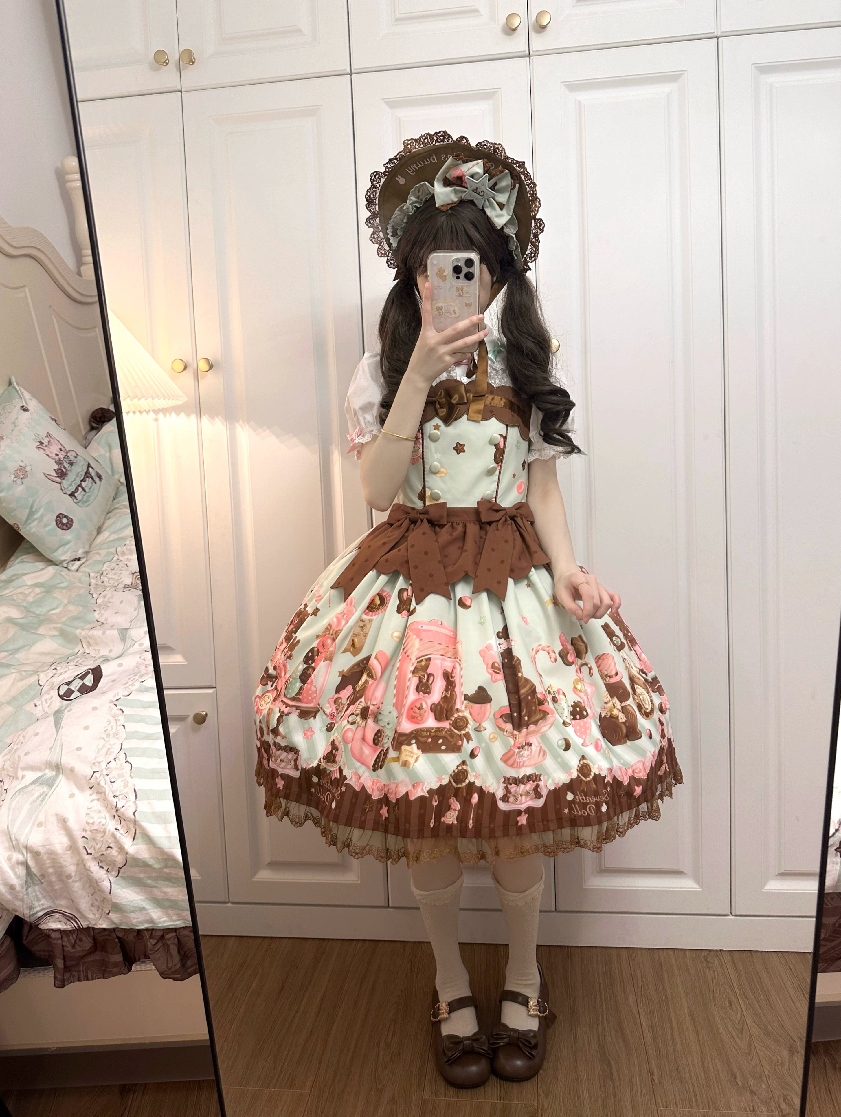 Chocolate Bunny - Printed Kawaii Lolita JSK, Short-sleeved Dress