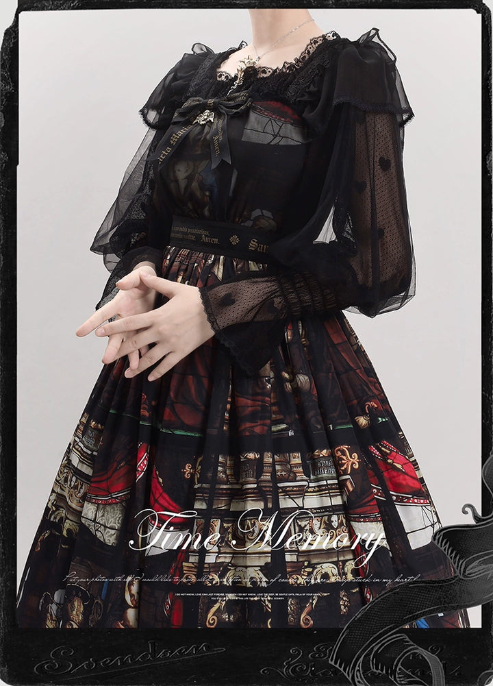 Time Memory~Layered Heart~Sheer Classic Shirt with Mutton Sleeves & Polka Dot Black Heart Dot - Shirt Only - in stock F