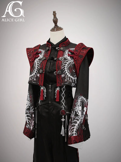 Alice Girl~Bony Dragon~Chinese Style Lolita Coat Silver Dragon Embroidery Long Coat Red and black (long coat) XS 