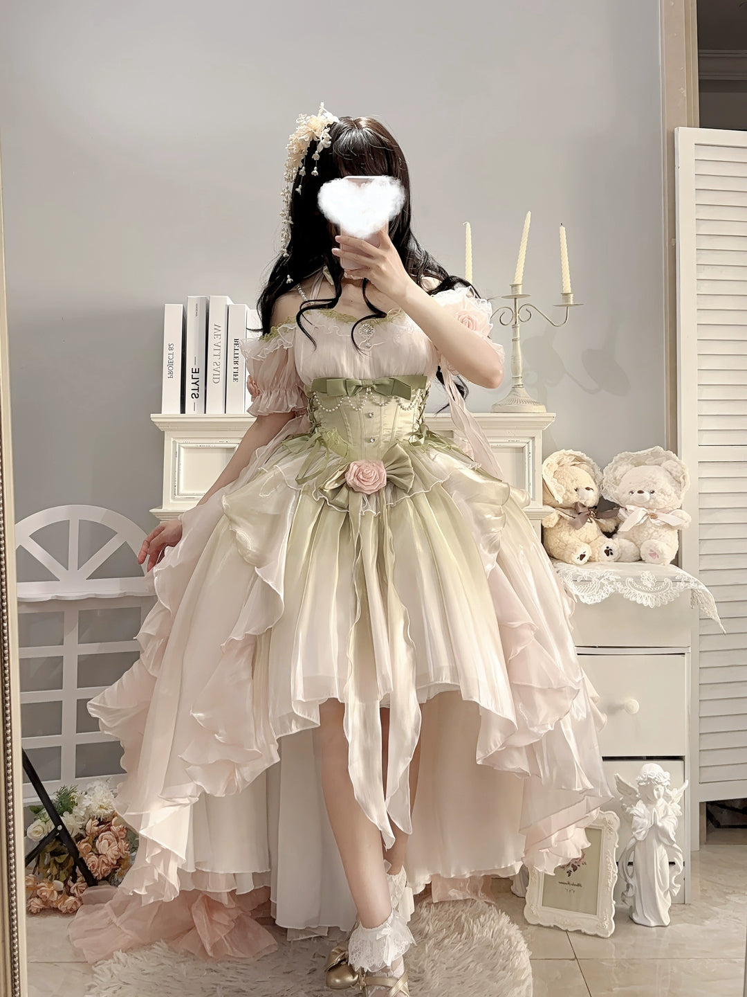 Meowing and fruity - Midsummer Dream - High-low Hem Fairy Lolita Dress Pink and Green Single Dress - S