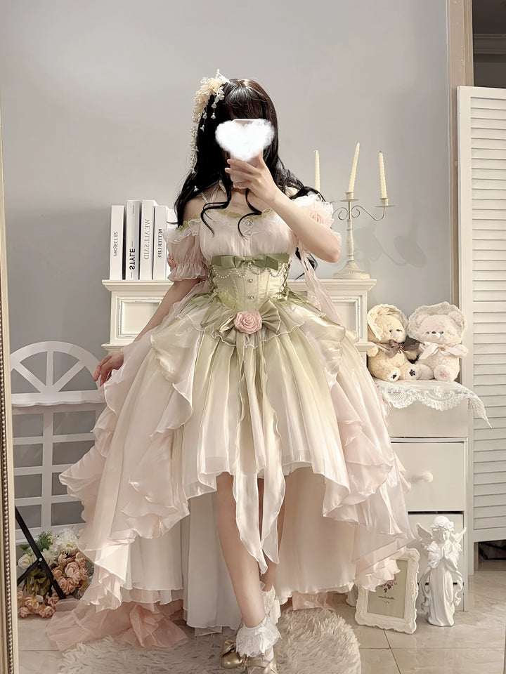 Meowing and fruity - Midsummer Dream - High-low Hem Fairy Lolita Dress Pink and Green Single Dress - S