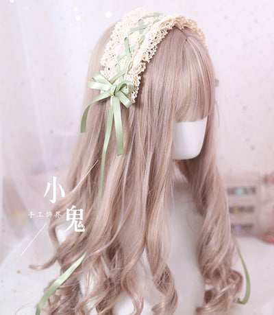 (BFM)Xiaogui~Japanese Style Sweet Lolita Lace Headband Multicolors Matcha Green + Cotton Headband  