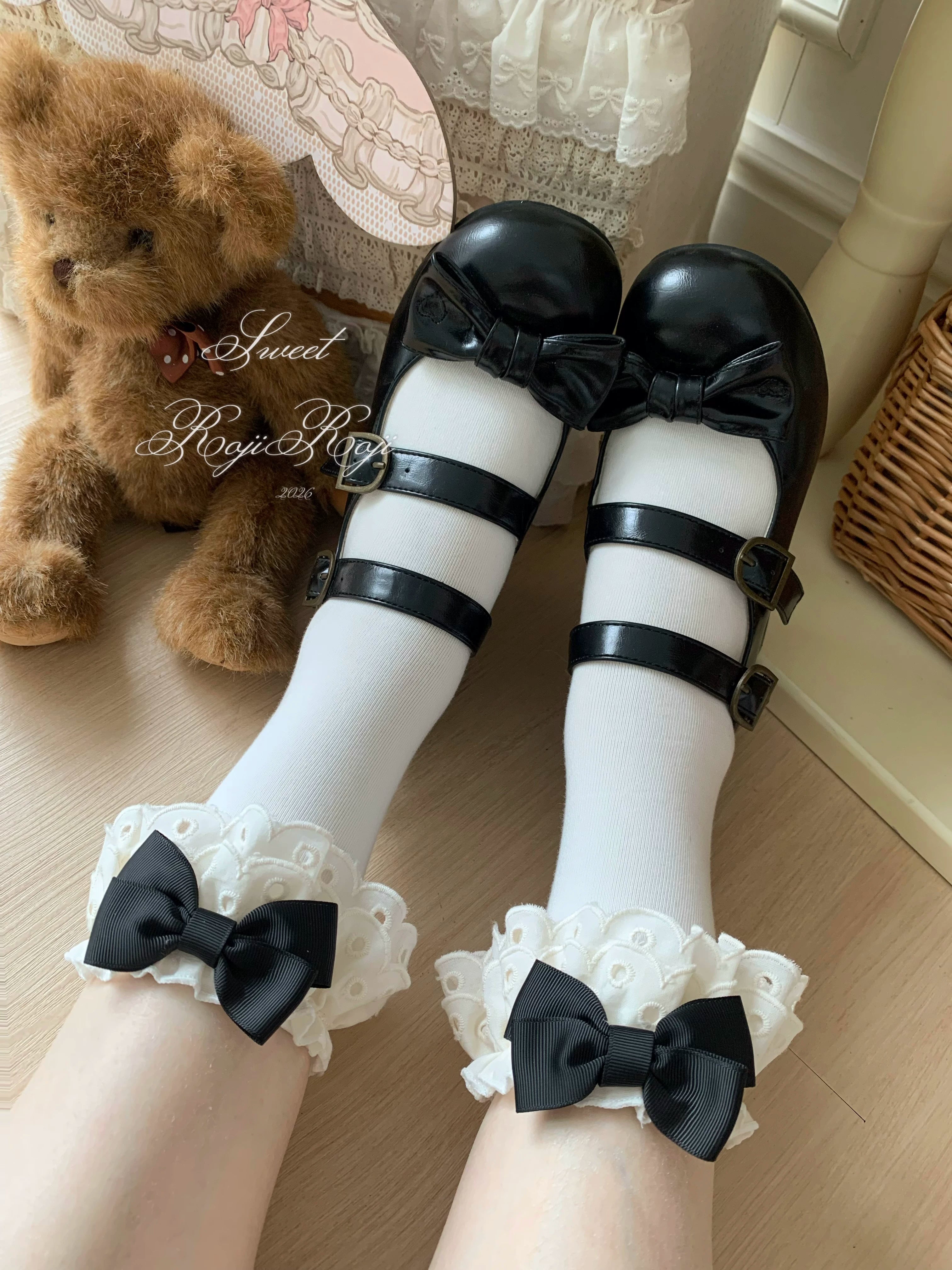 Cotton Classic Lolita Calf Socks, Double Layer Trim & Bow 45730:859932