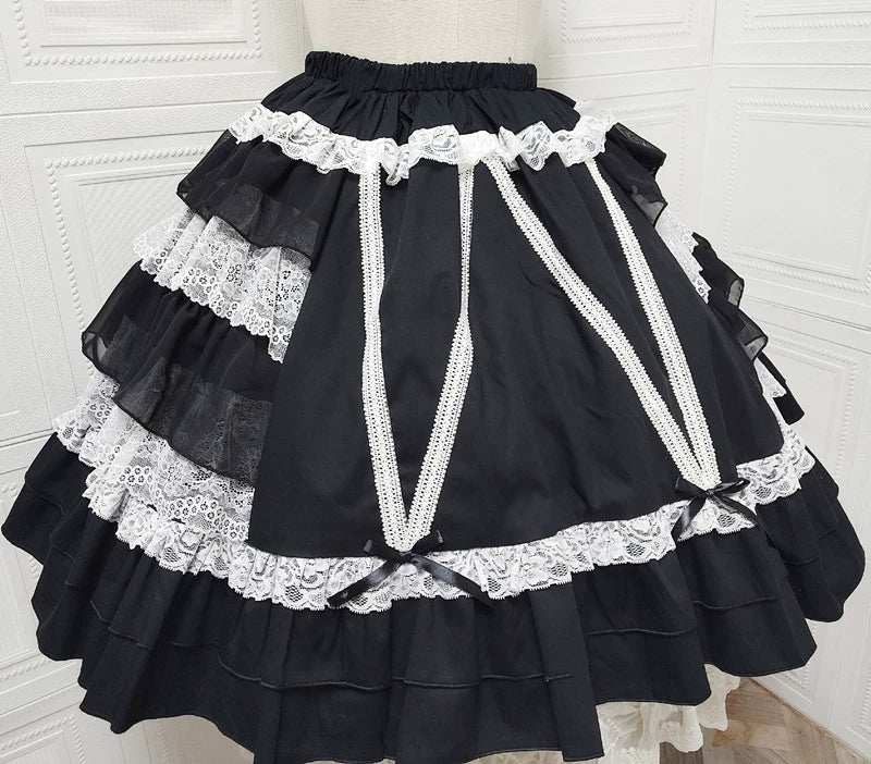 Sweet Angel~Japanese Sweet Lolita Skirt Retro Showa Knee Cake Dress Black F