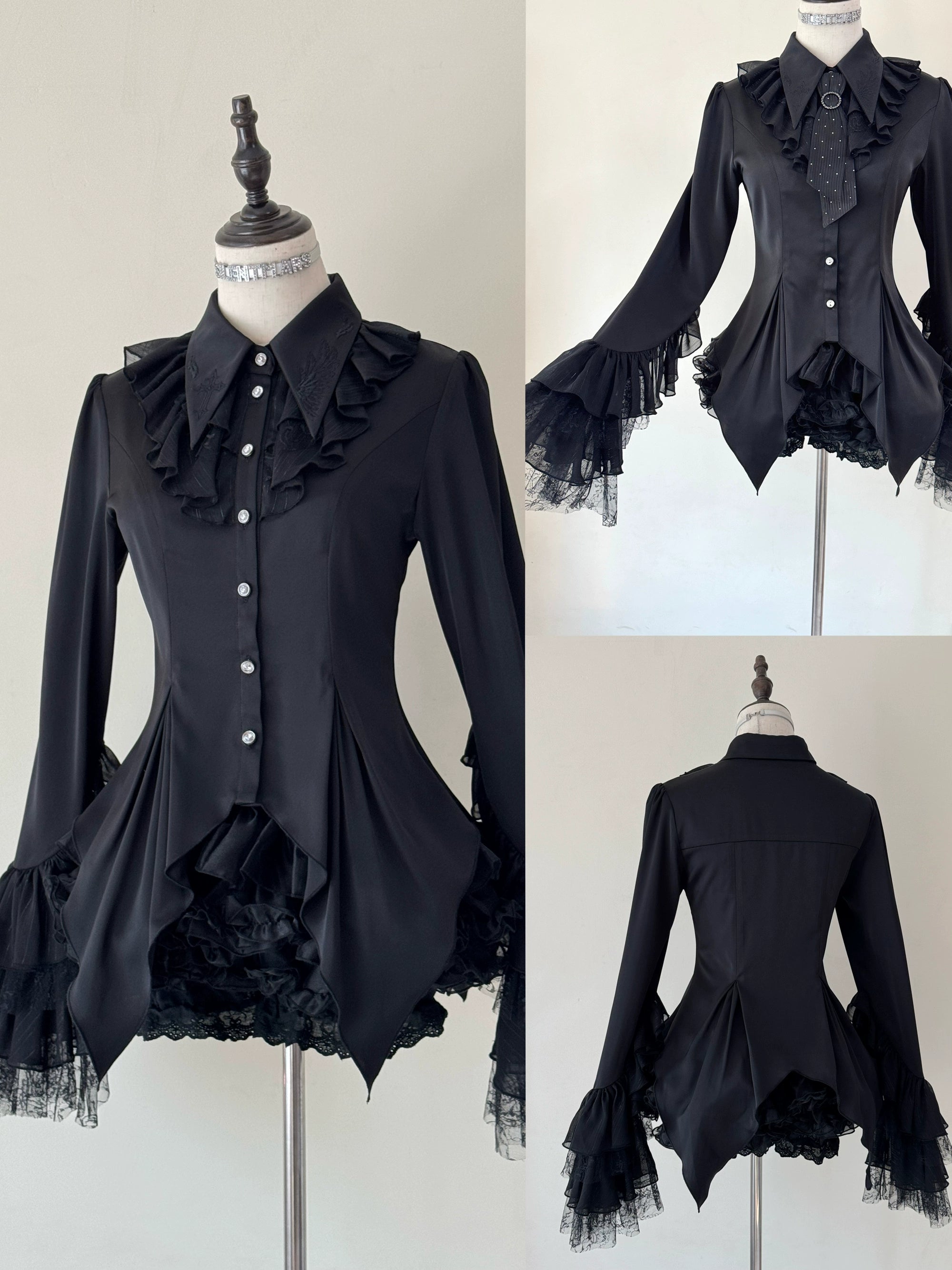 Silent Mars - Raven Crown - Gothic Lolita Suit Shirt Military Coat Skirt and Pants Black Shirt Only (without bow tie) S