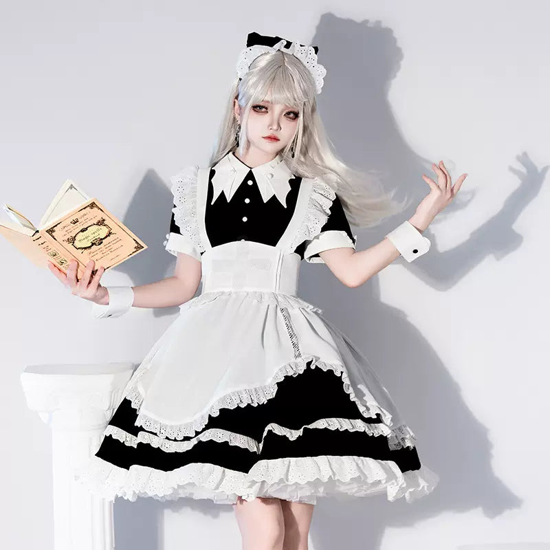 Cornfield Lolita~Temple Maid~Sweet Lolita OP Batwing Collar Short Sleeve Dress with White Apron 36960:547092