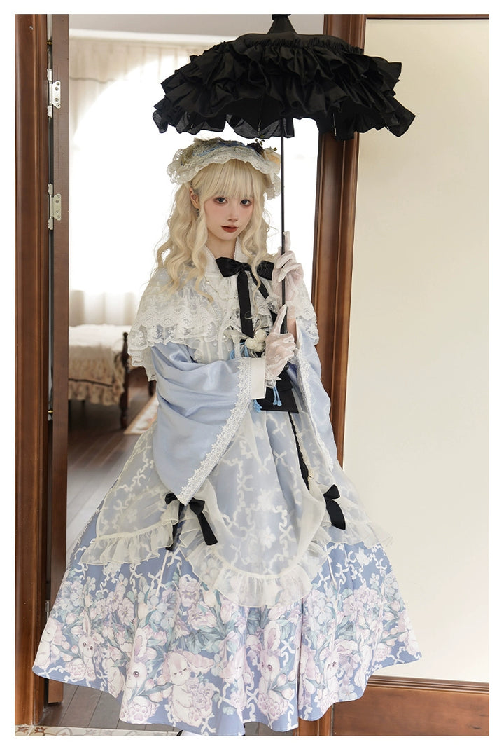 With PUJI~Letter and Poetry~Wa Lolita Dress Maid Printed OP Dress Set   