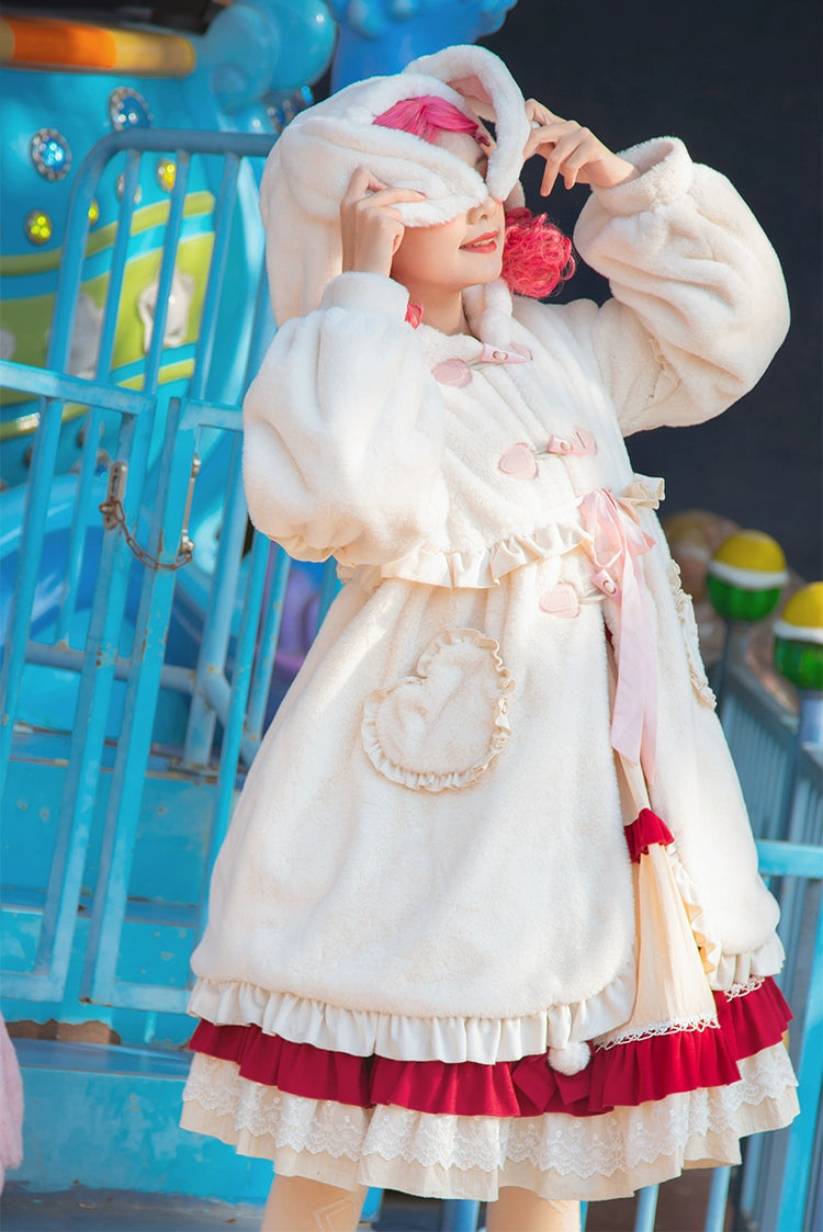 ZhiJinYuan~Sweet Lolita Coat Thickened Fluffy Bunny Ears Long Overcoat   