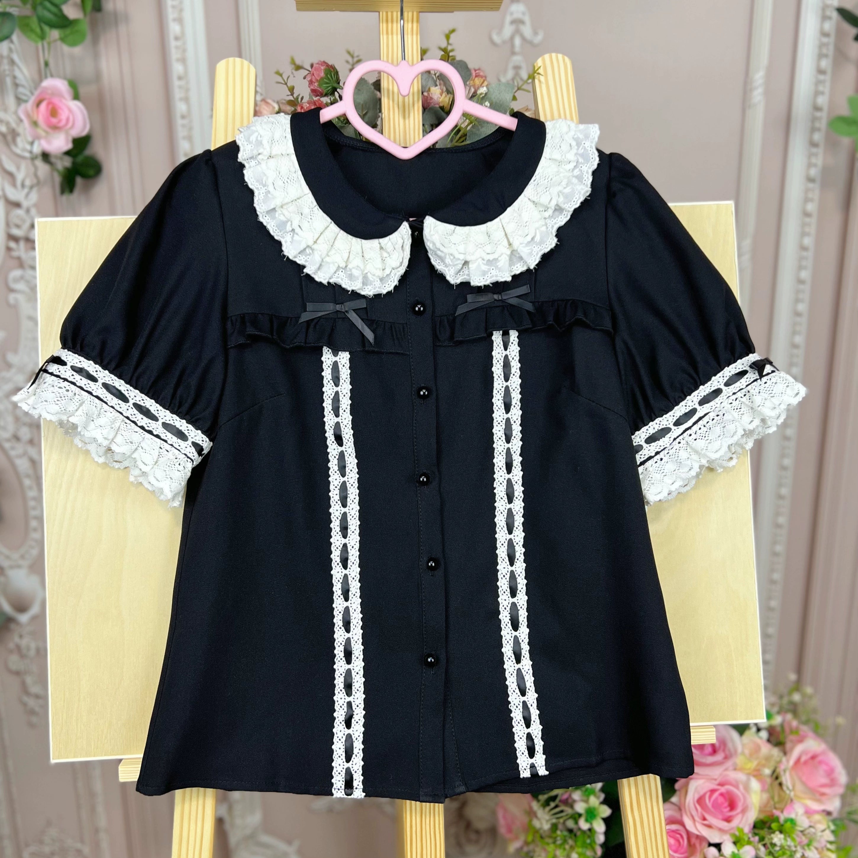 DMFS - Sweet Lolita Shirt Vintage Doll Collar Summer Top black S