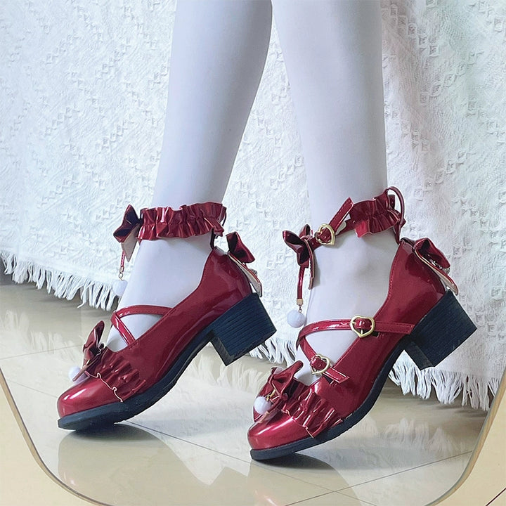 Fairy Godmothe~Preppy Style Flat Shoes Mid Heel Round Toe Lolita Shoes 37 Low Heel Paint Red 