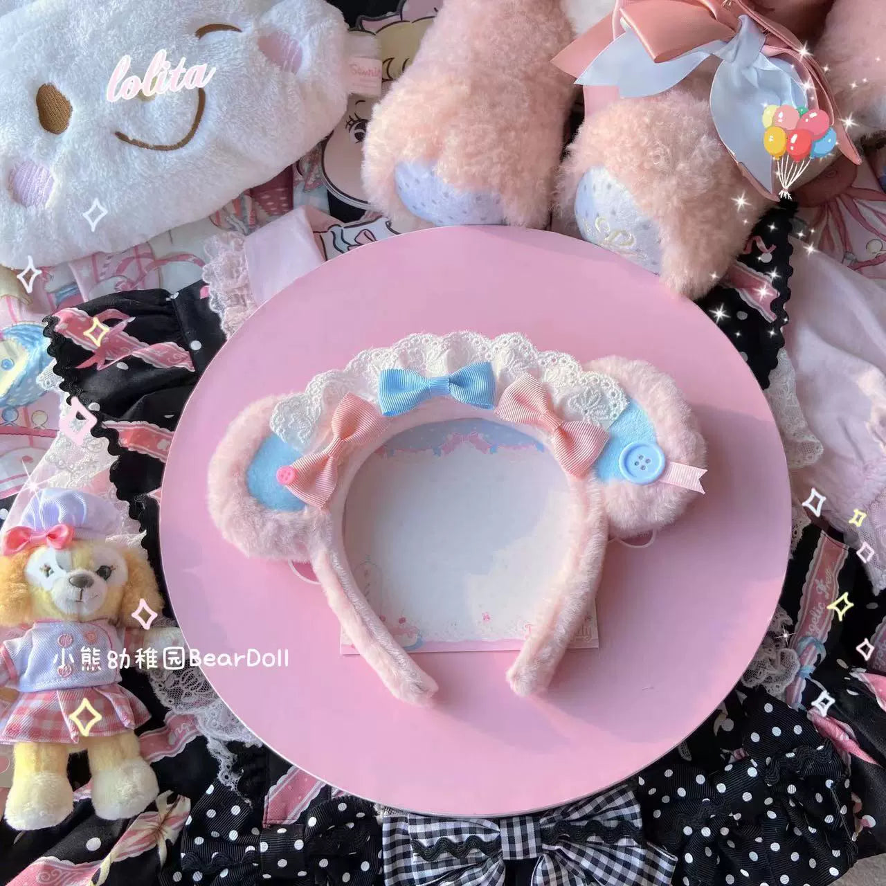 Bear Doll - Kawaii Lolita KC Sweet Butterfly Bow Lolita Headband Pink Blue Bear Ear KC