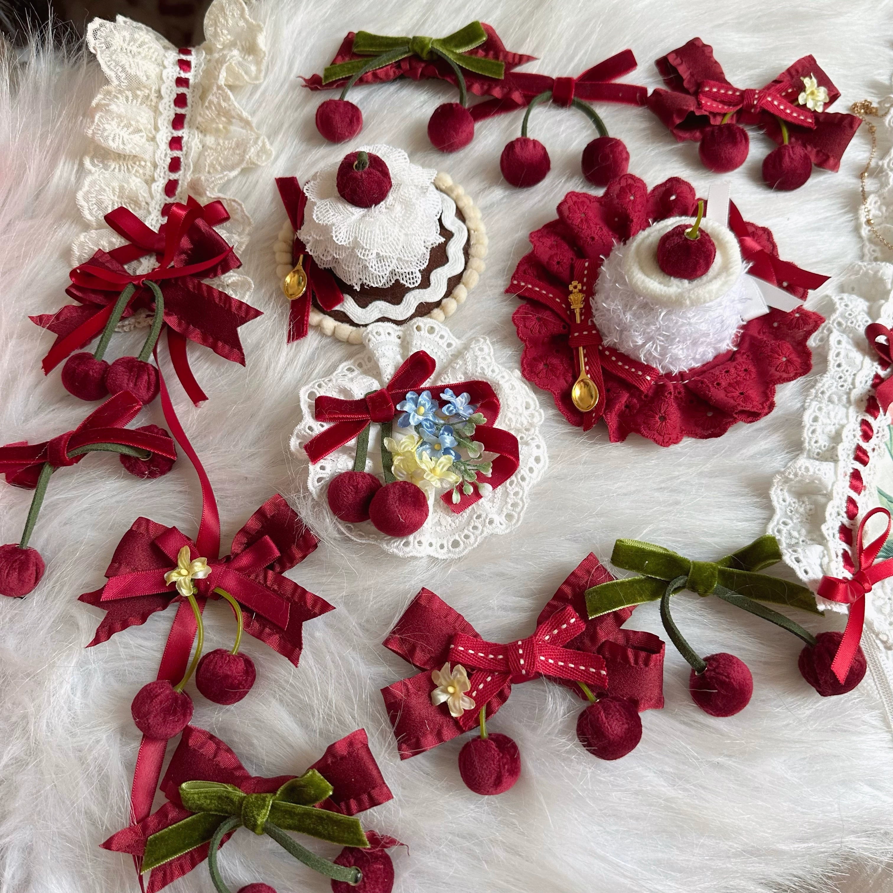 Chestnut Lolita - Sweet Lolita Headdress Cherry Hair Clip Straw Hat Necklace Handmade Set
