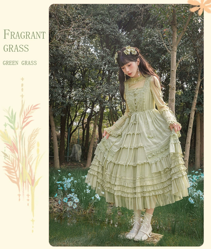 Flower and Pearl Box~Wild Flowers and Fragrant Grass~Country Lolita Dress Floral Print JSK and OP Dress Set