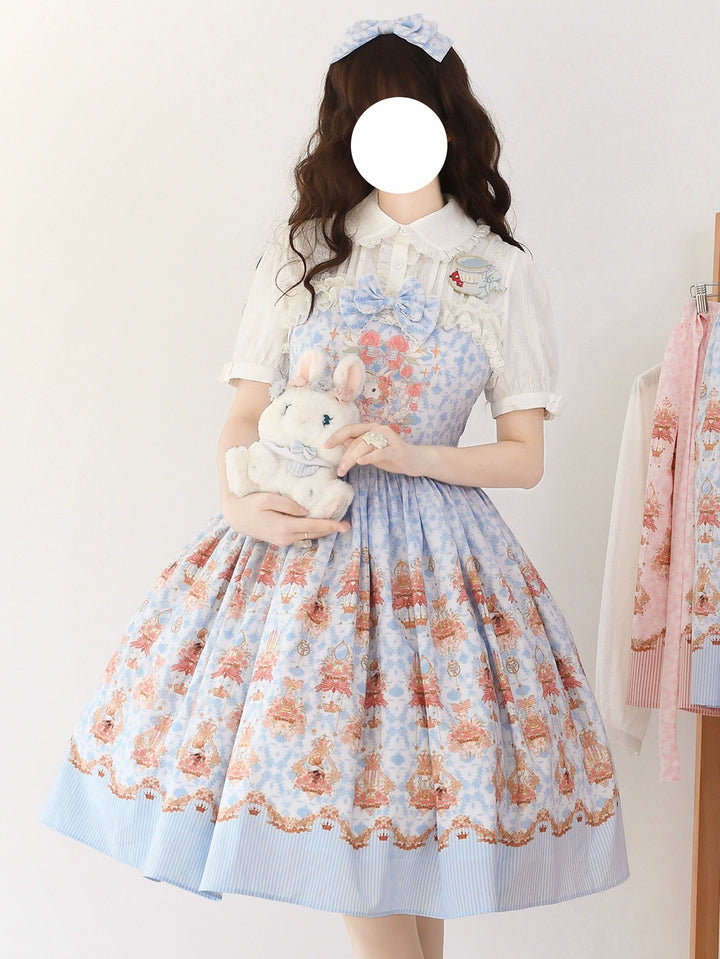 Strawberry Witch~Rose Garden Bunny~Daily Lolita Rose Bunny Printing OP JSK Dress Set S sky blue JSK 