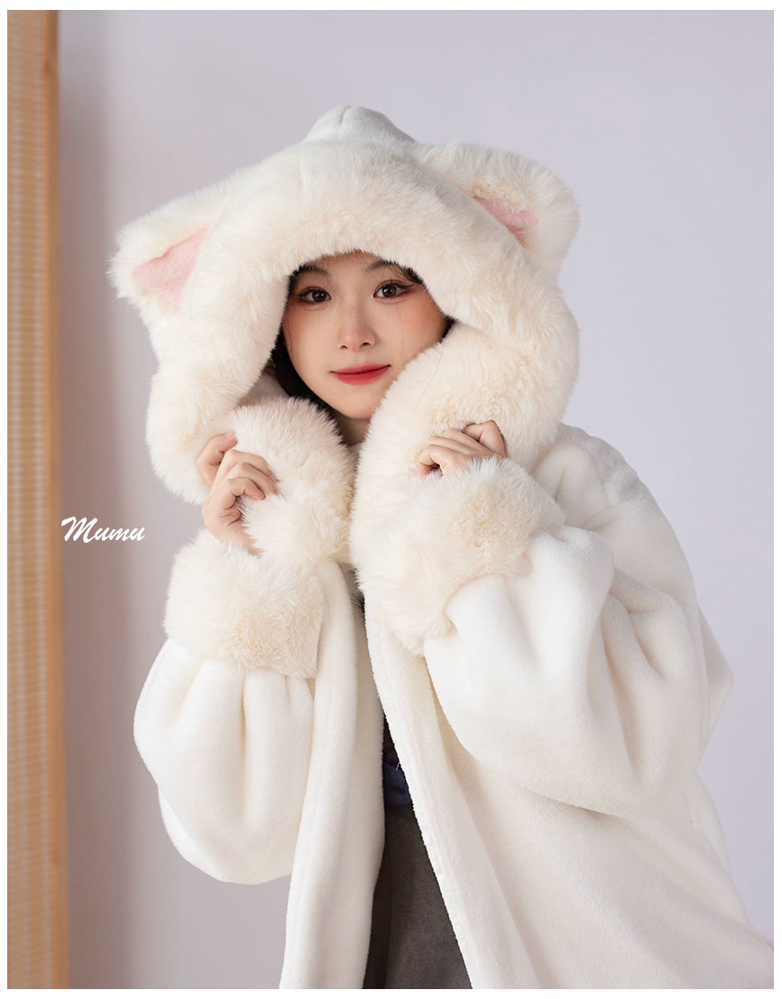 Mumu~Fluffy Winter Lolita Coat Cat Embroidery Hooded Coat S Milk white (with embroidery) 