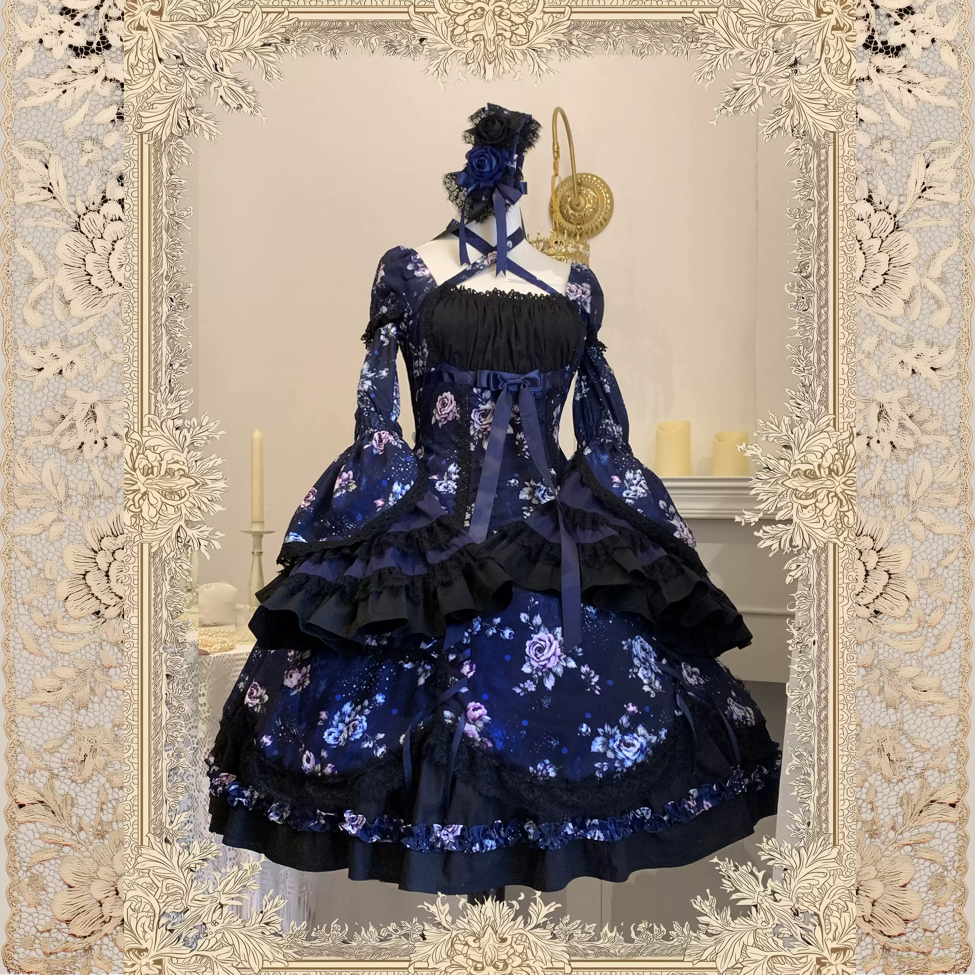Starry Whisper - Six-panel Old School Lolita Rose Print OP Dress, Back Opening 45791:865215
