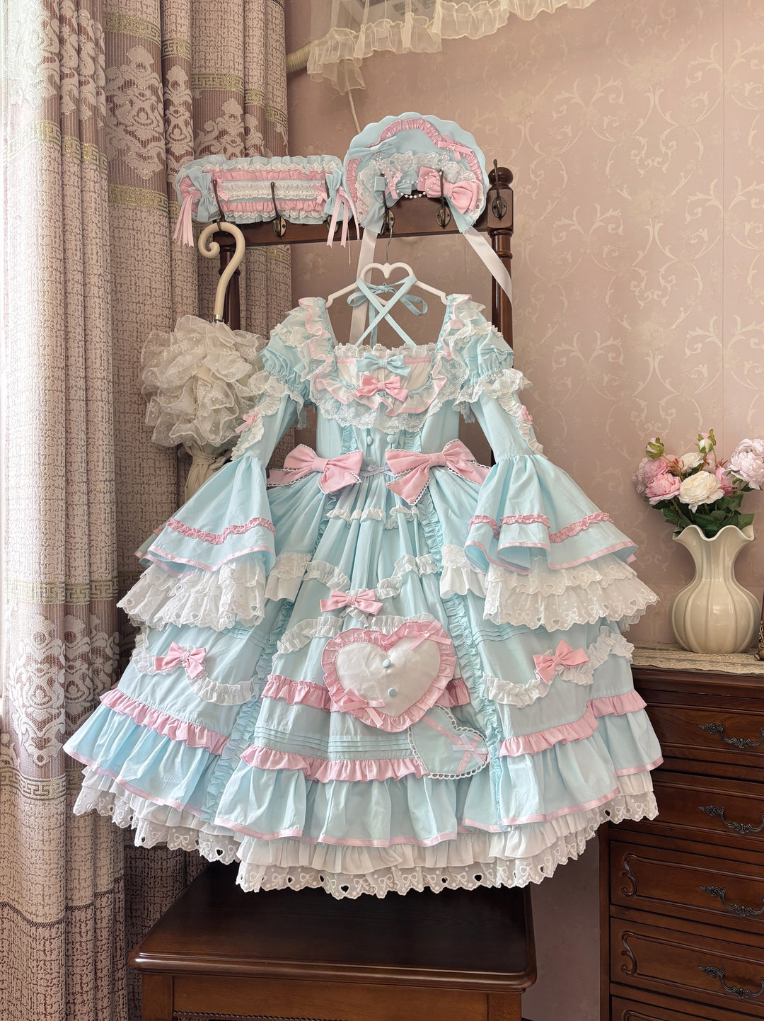 Perfect Original Design~Audelia~Plus Size Sweet Lolita OP with Halter Neckline water blue OP only (without detachable sleeves) XS