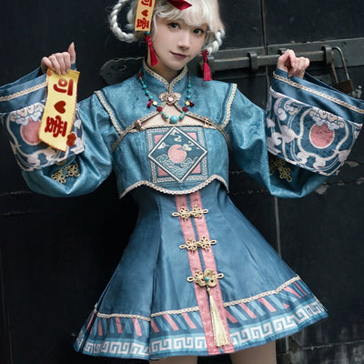 Sakurahime~Kawaii Lolita Blue-green Sun Embroidery JSK Dress Set XS coat 
