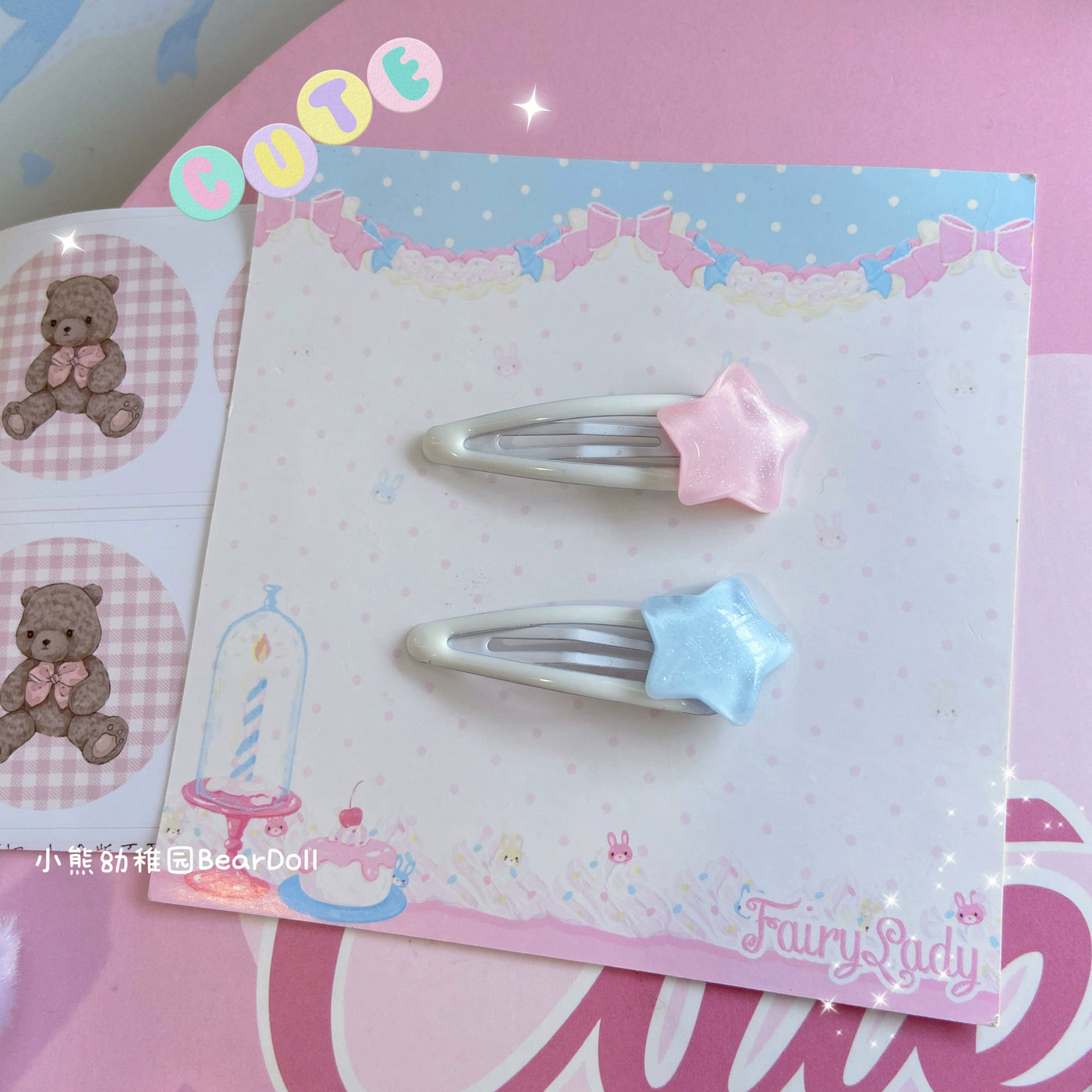 Bear Doll~Kawaii Lolita Hair Pin Adult Children Hello Kitty Hair Clip Transparent Pink Stars  
