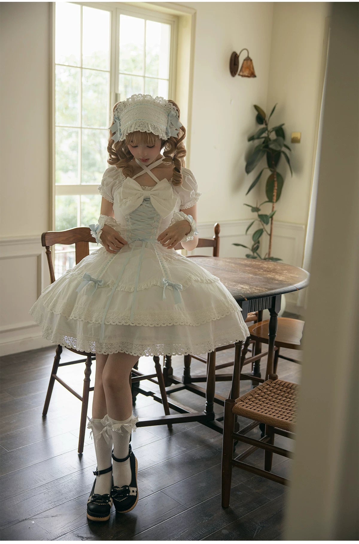 Showa Sweetheart - Old School Lolita OP Dress, Ruffled Lace Hem 45887:866813