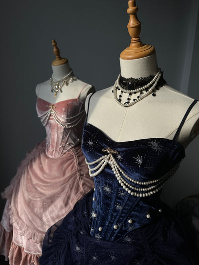 (Buyforme)ZJstory~ Atlantica Star Lolita Fishbone Corset Glamorous Mermaid Skirt XS navy blue - fish bone corset only (star velvet) 