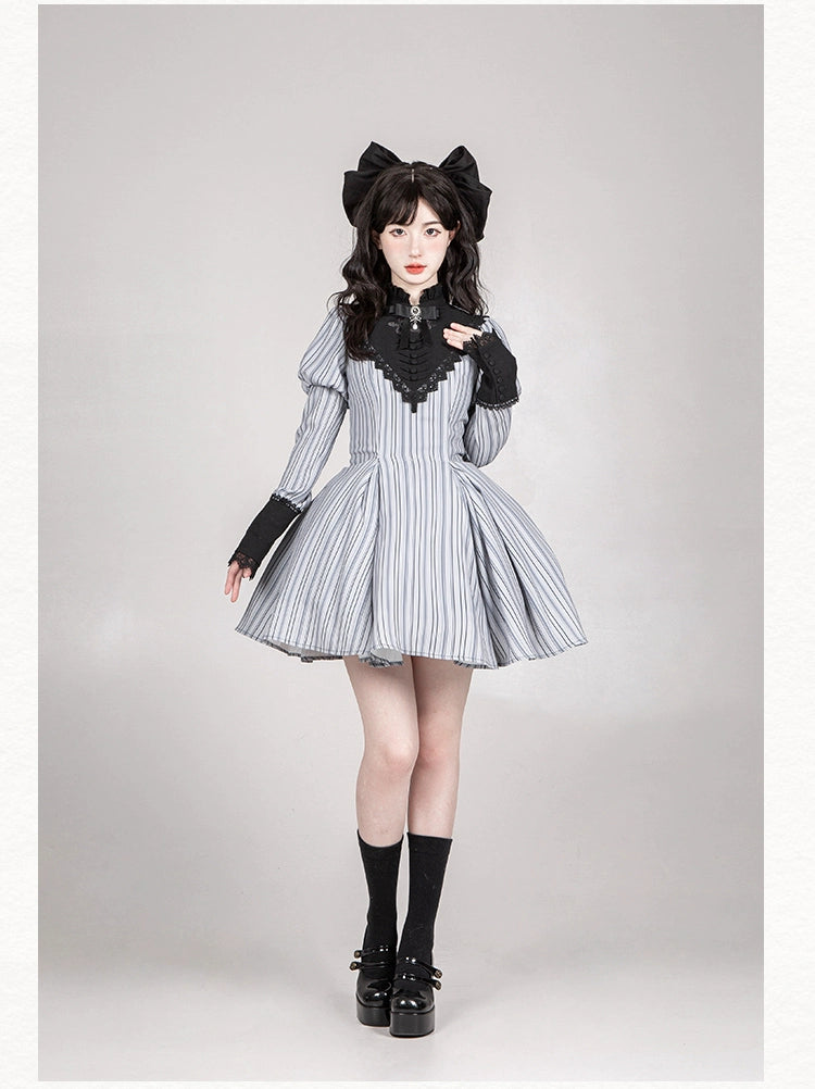 With PUJI~Nocturne SP~Striped Gothic Lolita OP Twin Lolita Dress with Apron 42192:731235