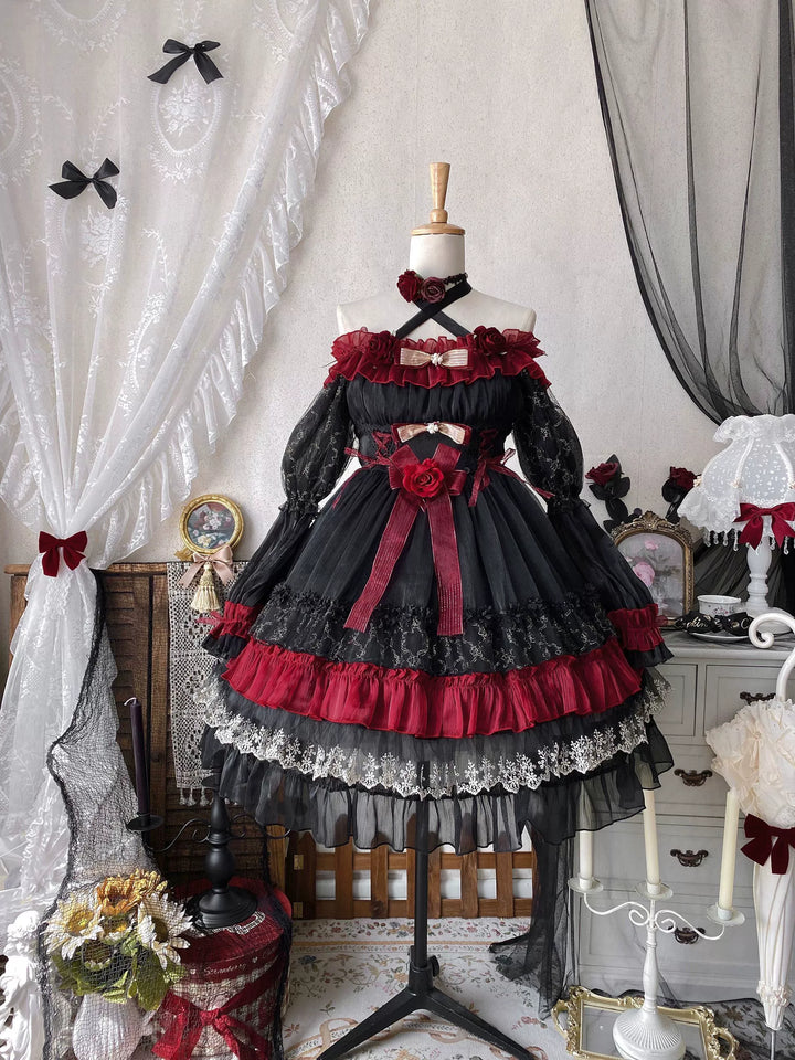 Uncle Wall Original~Night of Berea~Gothic Lolita OP Black and Red Lolita Dress