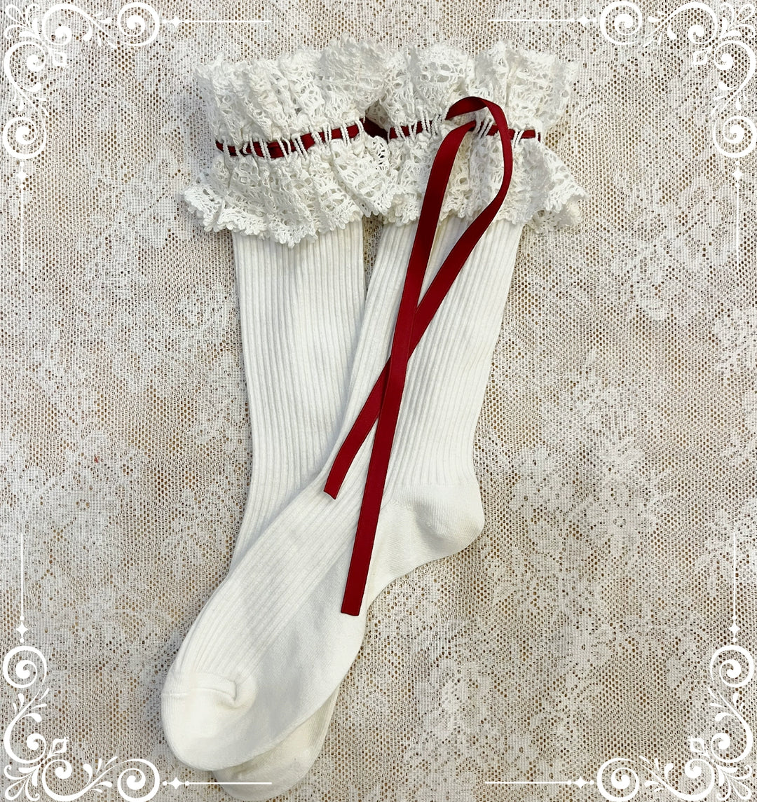 (BFM)Little Bear~Laura's Doll~Sweet Lolita Socks Cotton Short Socks Mid-calf Socks Red ribbed mid-calf socks  