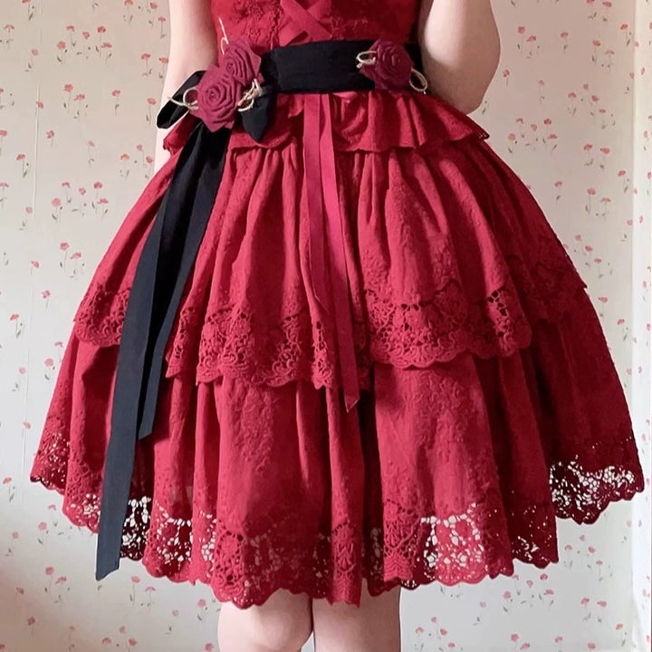 Miss Point~Forest Waltz~Classic Lolita Tiered Skirt Multi-layer Embroidered SK S Wine red 2-layer skirt only 