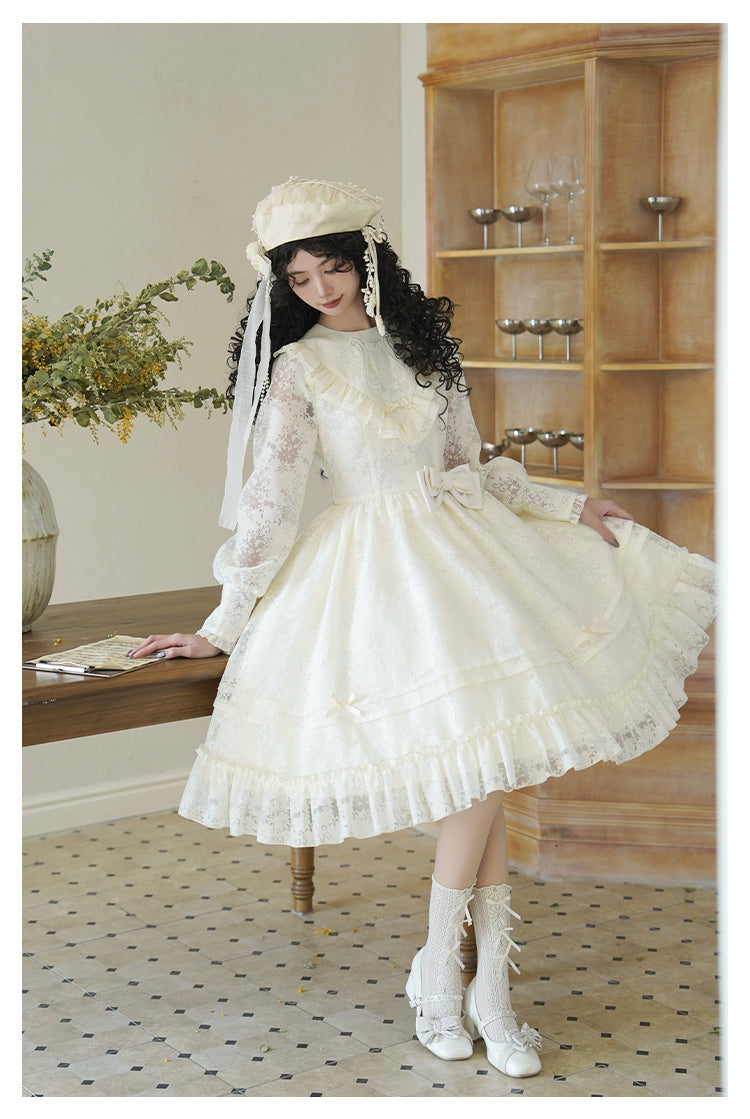 With PUJI~Floral Melody~Ivory Classic Lolita Long Sleeve OP Dress with Layered Bolero