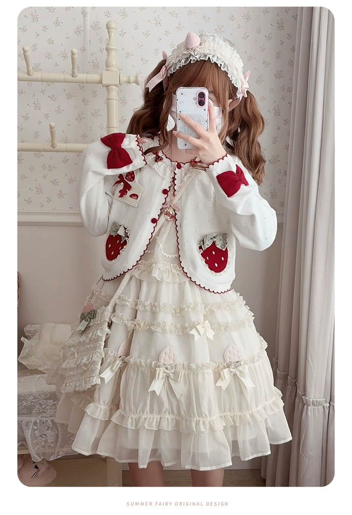 Summer Fairy~Strawberry Angel~Sweet Lolita JSK Suit Tiered Ruffle Dress Set