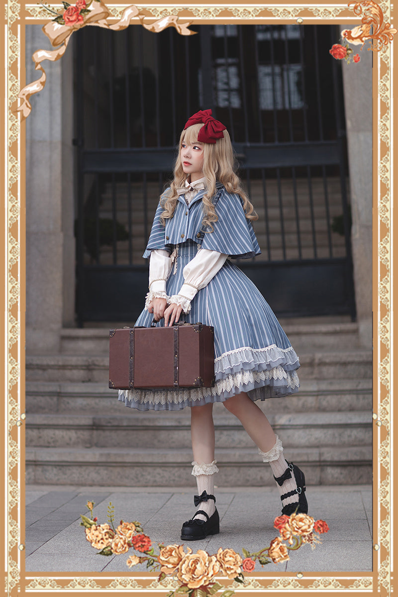 (Buy for me) Infanta~Elegant Lolita Stripe High-waist Jumper Dress Set and Cape   