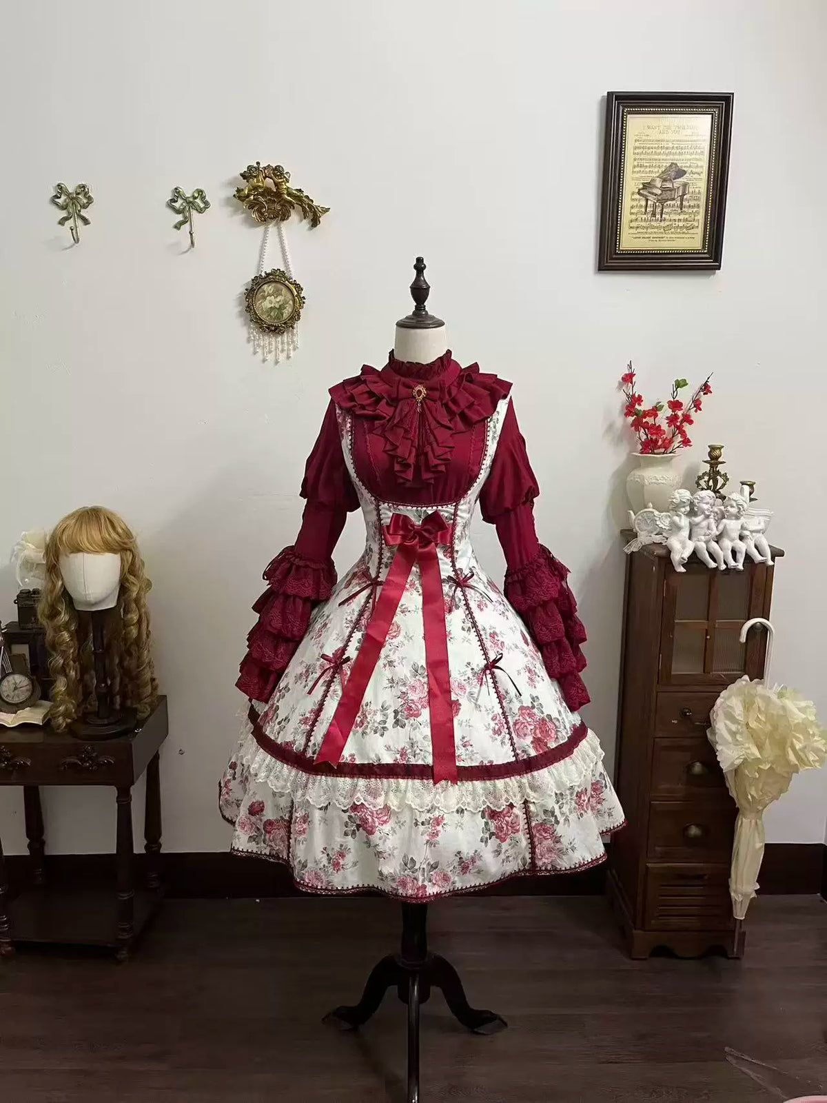 Red Peony - Classic Lolita Bust Support JSK Dress, Floral Print 46004:871744