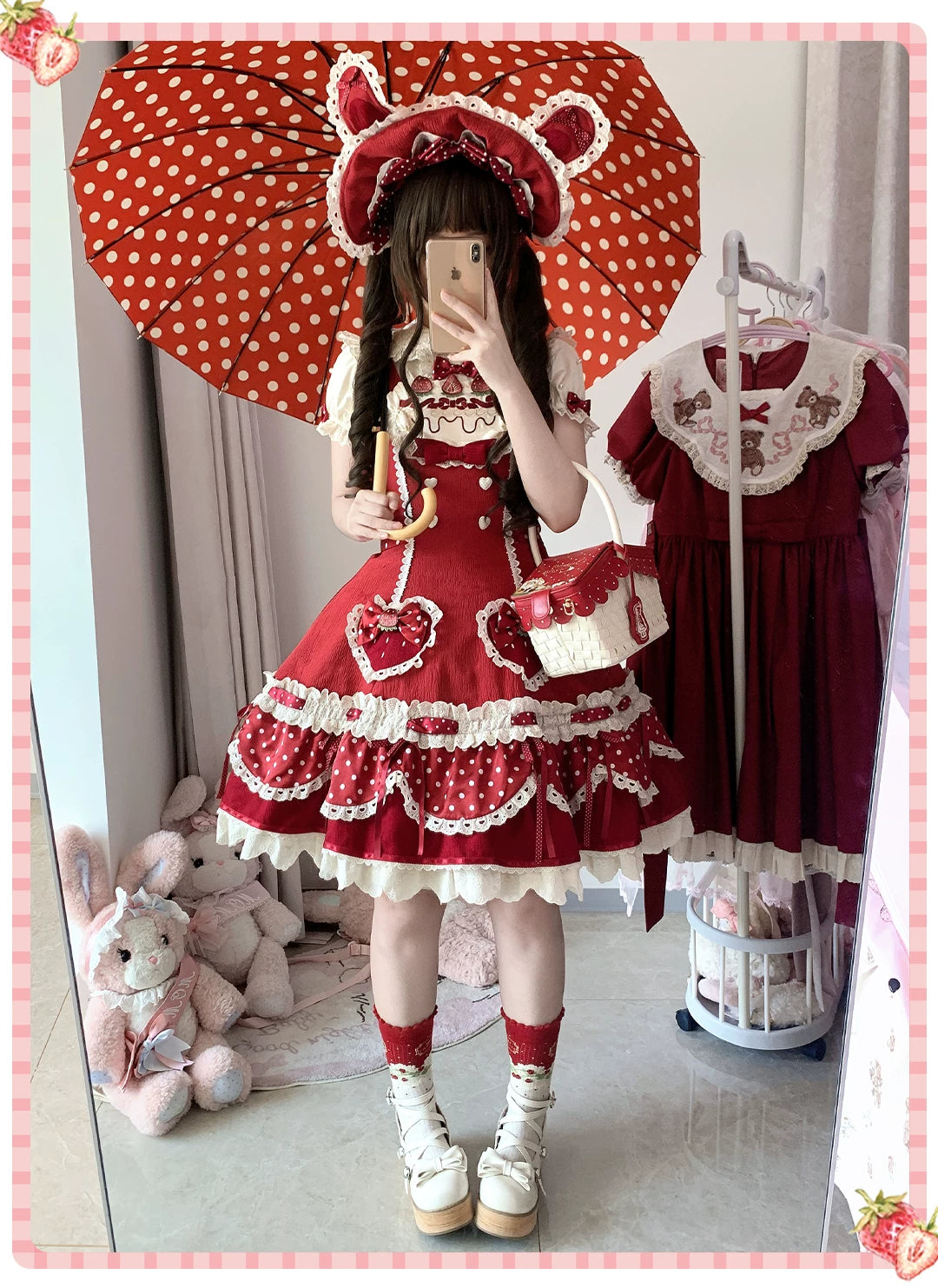 Cream Berry Party - Sweet Lolita JSK Dress, Strawberry Polka-Dot Print 45860:866084