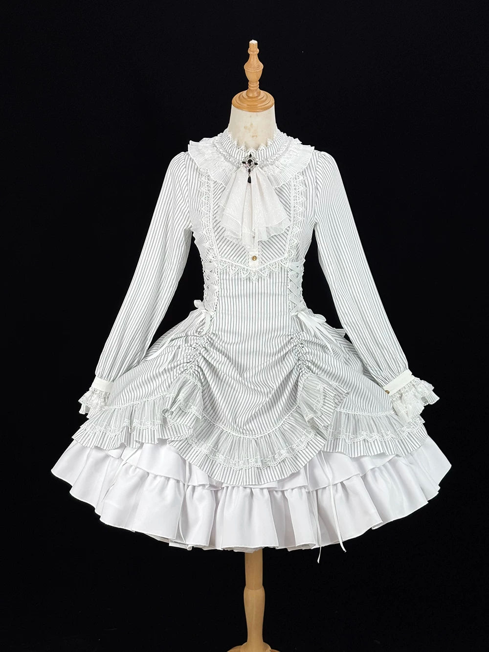 Perint Manor - Gothic Lolita Striped Dress, Tailor-made White Striped OP + Jabot XS