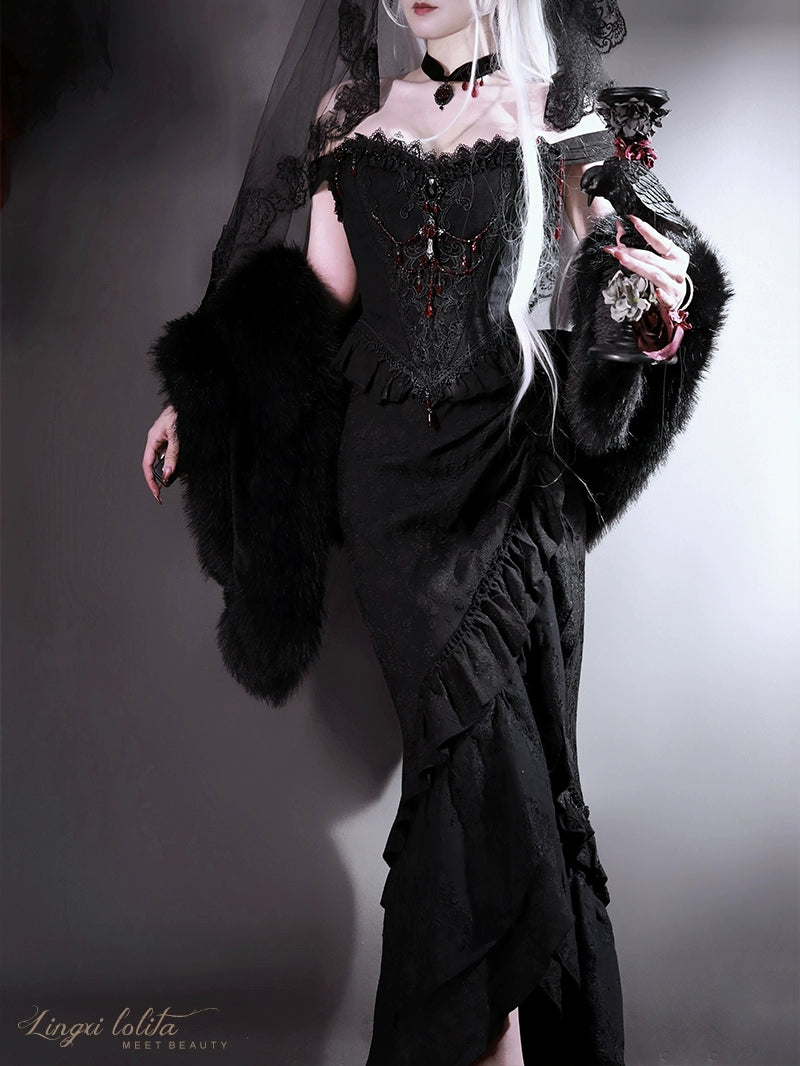 Lingxi Lolita~Lord of the Night~Gothic Lolita Skirt Suit Mermaid Skirt and Fishbone Bodice 42159:730289