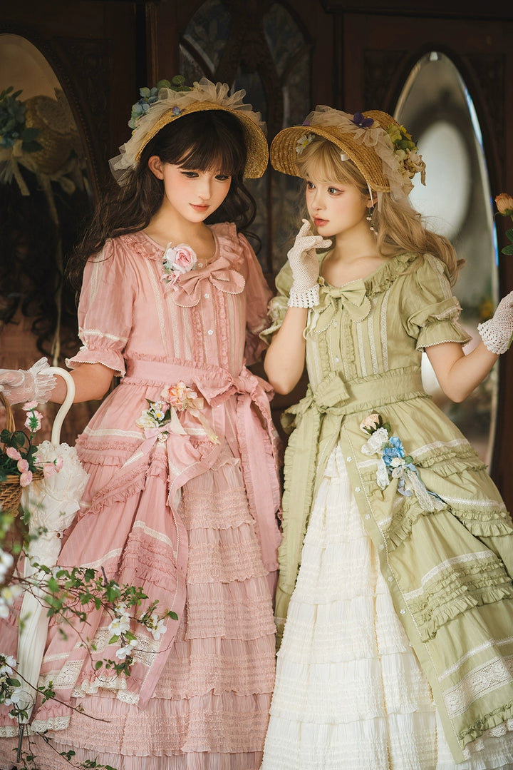 Miss Point~Cat Rose Tea~Elegant Lolita OP Open-front Short Sleeve Tiered Dress