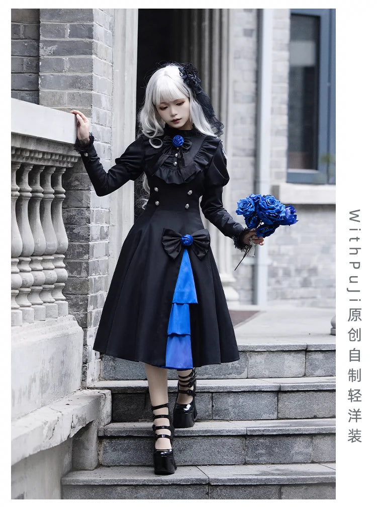 (BFM)With PUJI~Night Serenade~Retro Lolita Cloak Color-Blocked Blue and Black Cape OP Set   