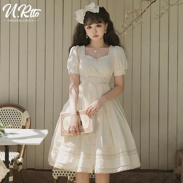 Urtto~Elegant Lolita OP Dress Short Sleeve Square Neckline Lolita Dress OP S 