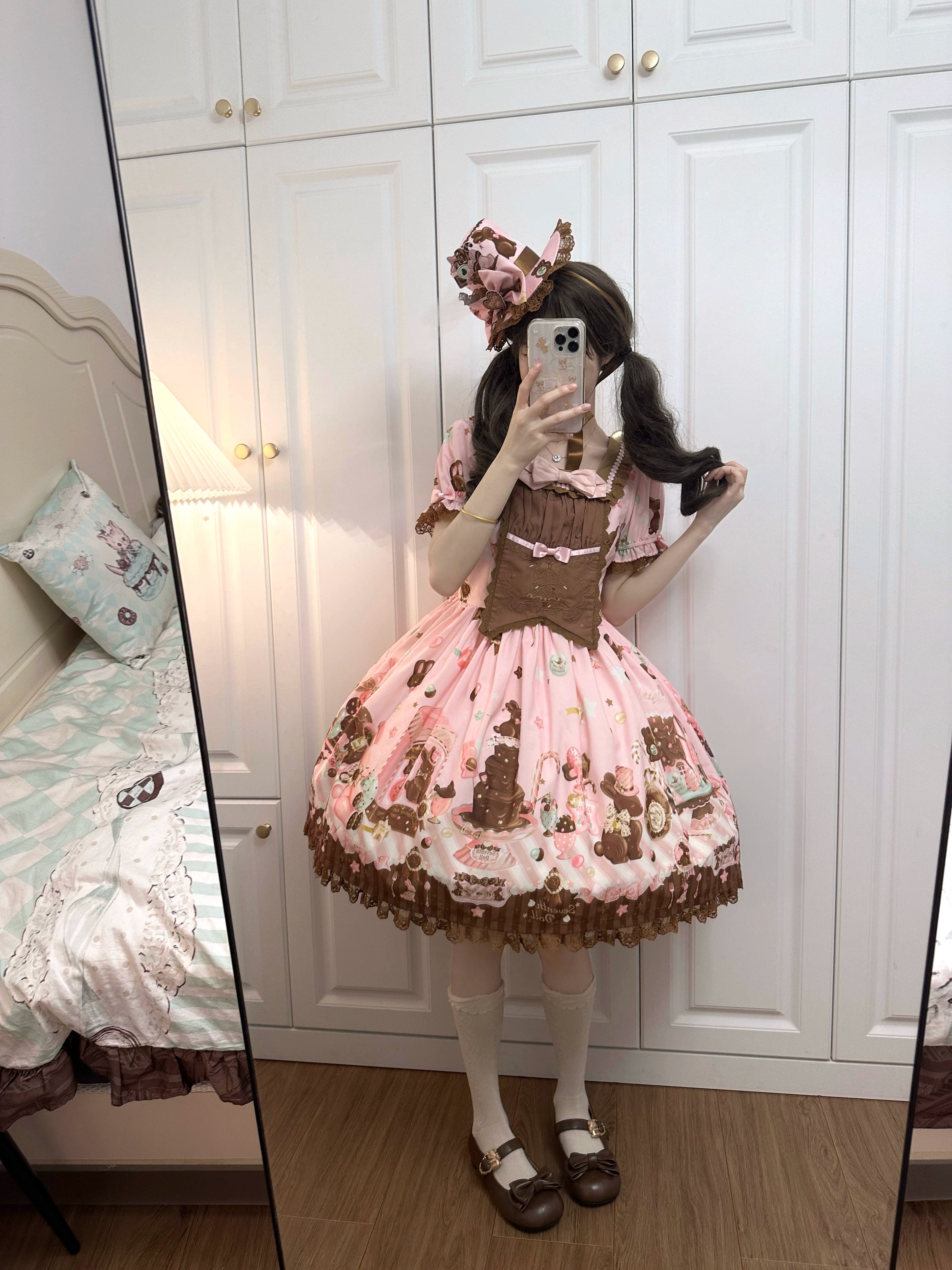 Chocolate Bunny - Printed Kawaii Lolita JSK, Short-sleeved Dress (L M S XL) 44614:814876
