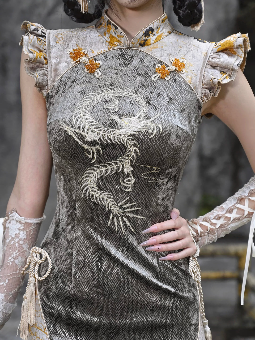Blood Supply~Spring Dragon Festival~Han Lolita Cheongsam Dragon Embroidery Short Qipao Dress   