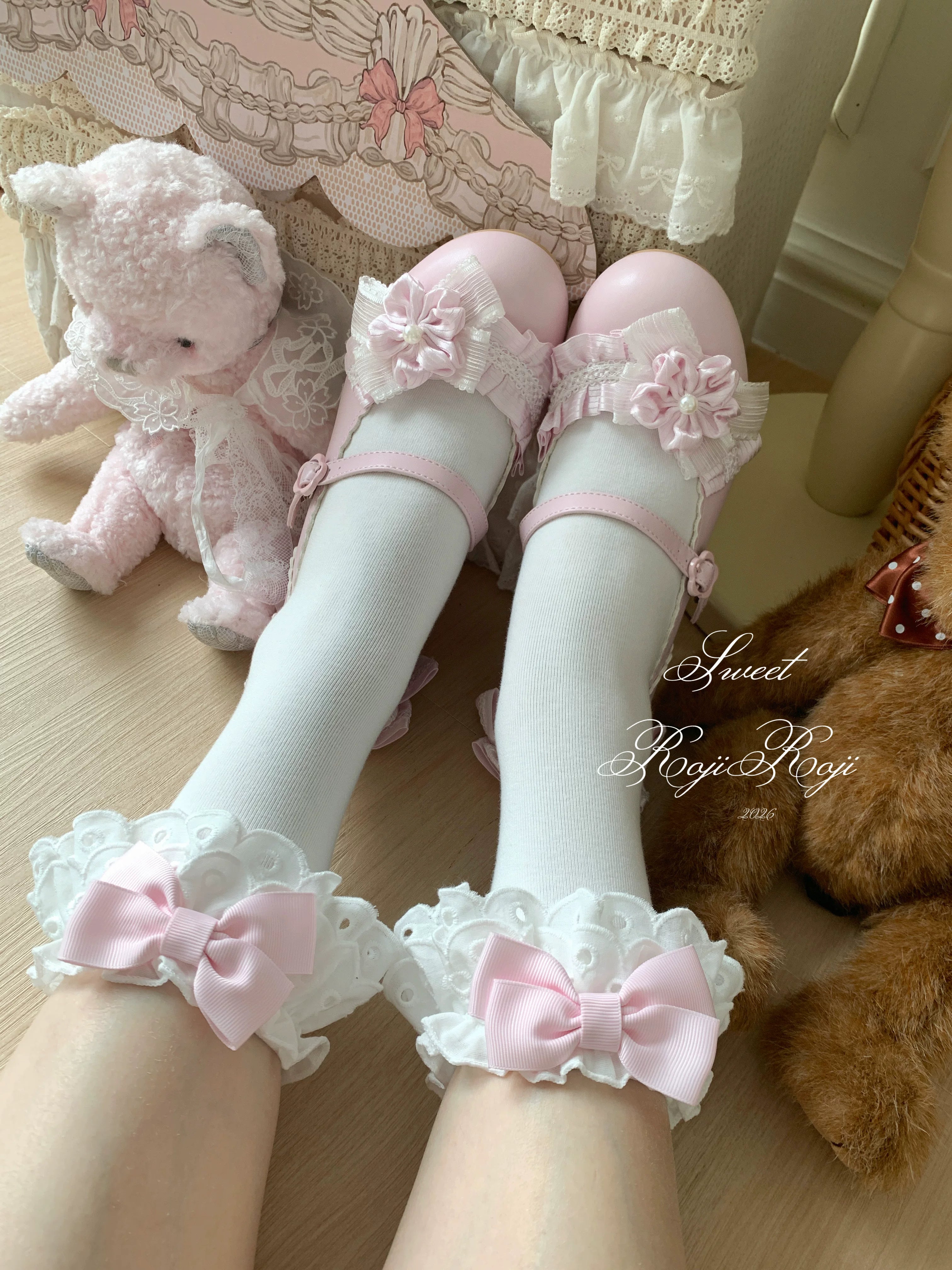 Cotton Classic Lolita Calf Socks, Double Layer Trim & Bow 45730:859934