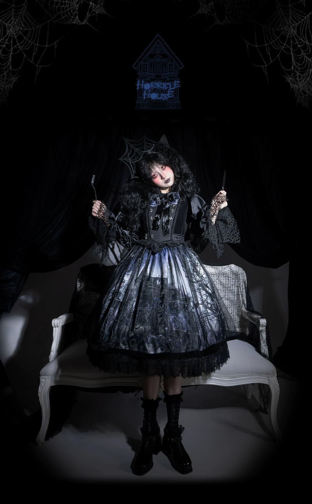 LilithHouse~Horror House~Gothic Lolita OP Set with Cape and Castle Print