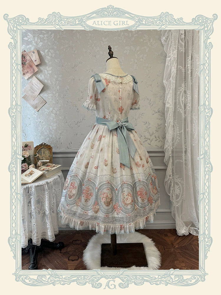 Alice girl~Night Rose~Elegant Lolita OP Dress Floral Print Dress Short Sleeve blue and pink long OP XS 