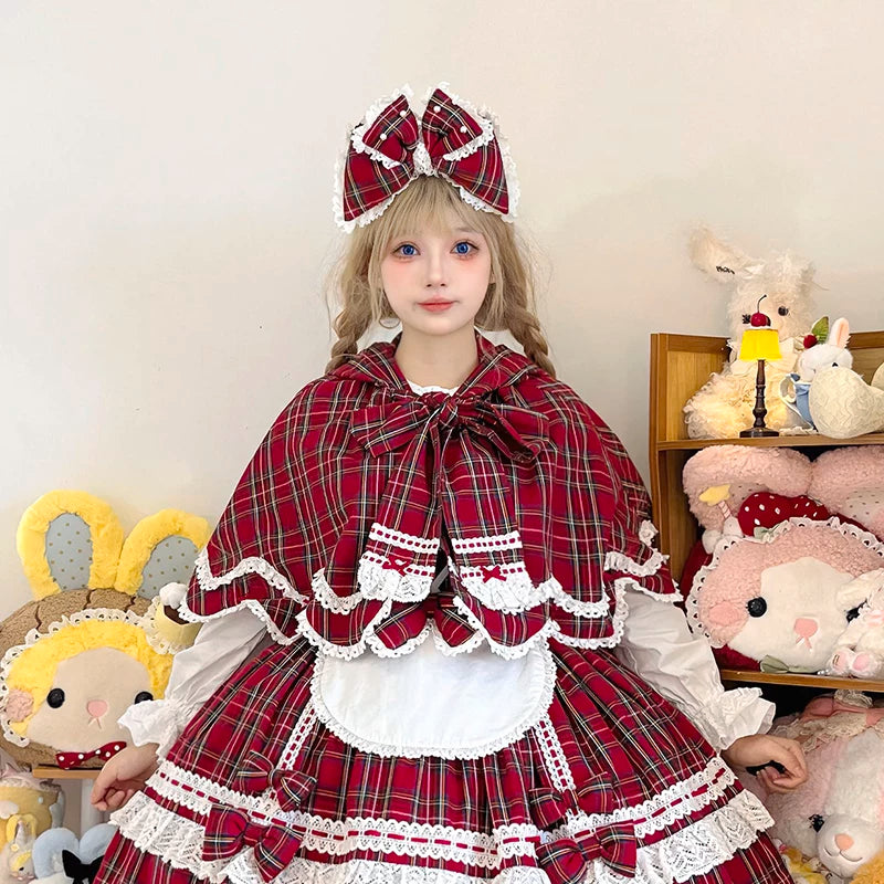 Plaid Petal Bunny - Old School Lolita Bunny Ear Cape, Lace-trimmed Petal Hem 45983:870718