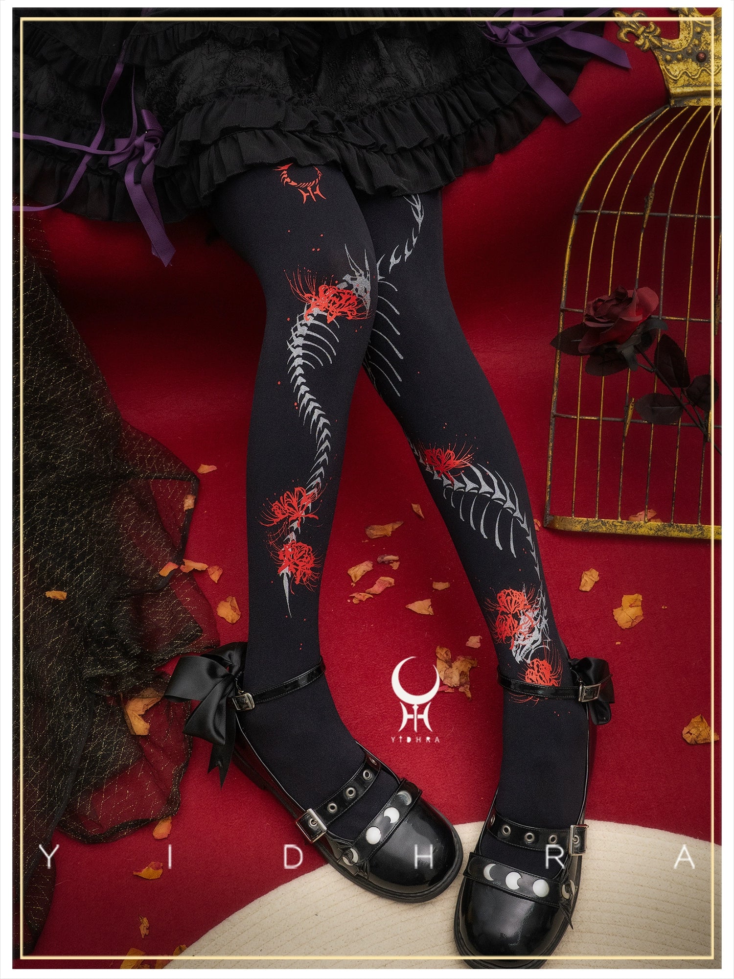 Yidhra - Dragon Abyss - Halloween Gothic Lolita Pantyhose, Red Spider Lily Print 44057:793581