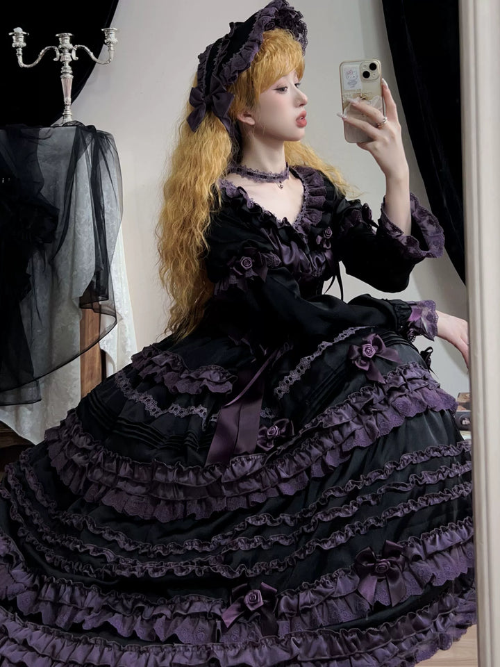 Uncle Wall Original~Stacked Black Currant~Gothic Lolita OP Dark Adjustable Lolita Dress   