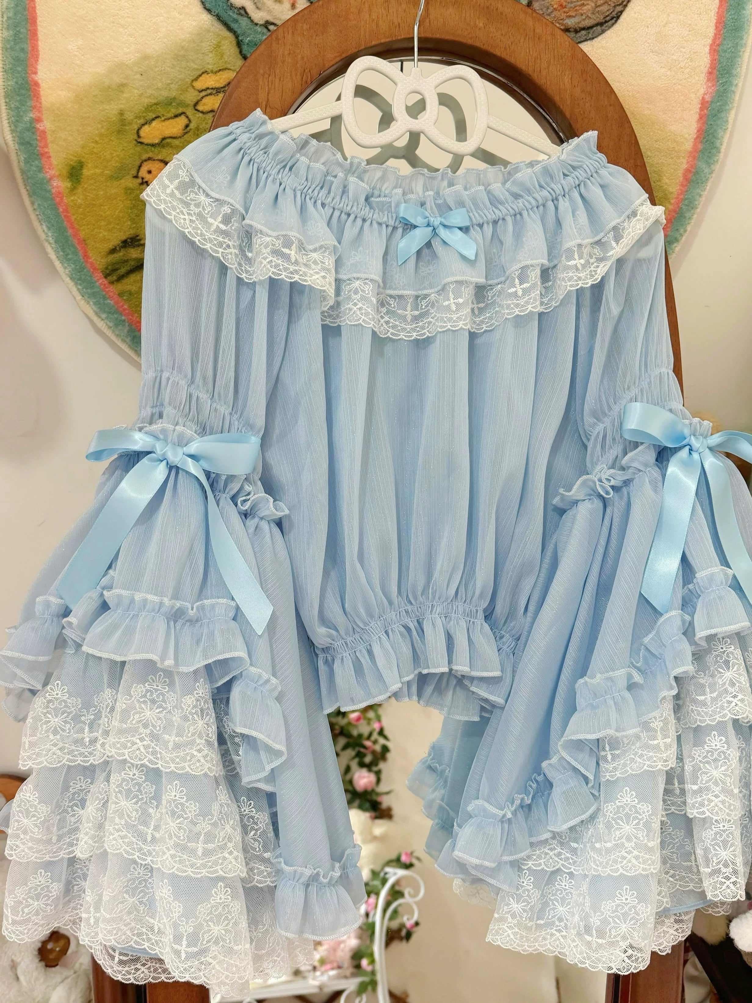 Vintage Lolita Hime Sleeve Blouse, Off-shoulder Design Light Blue S